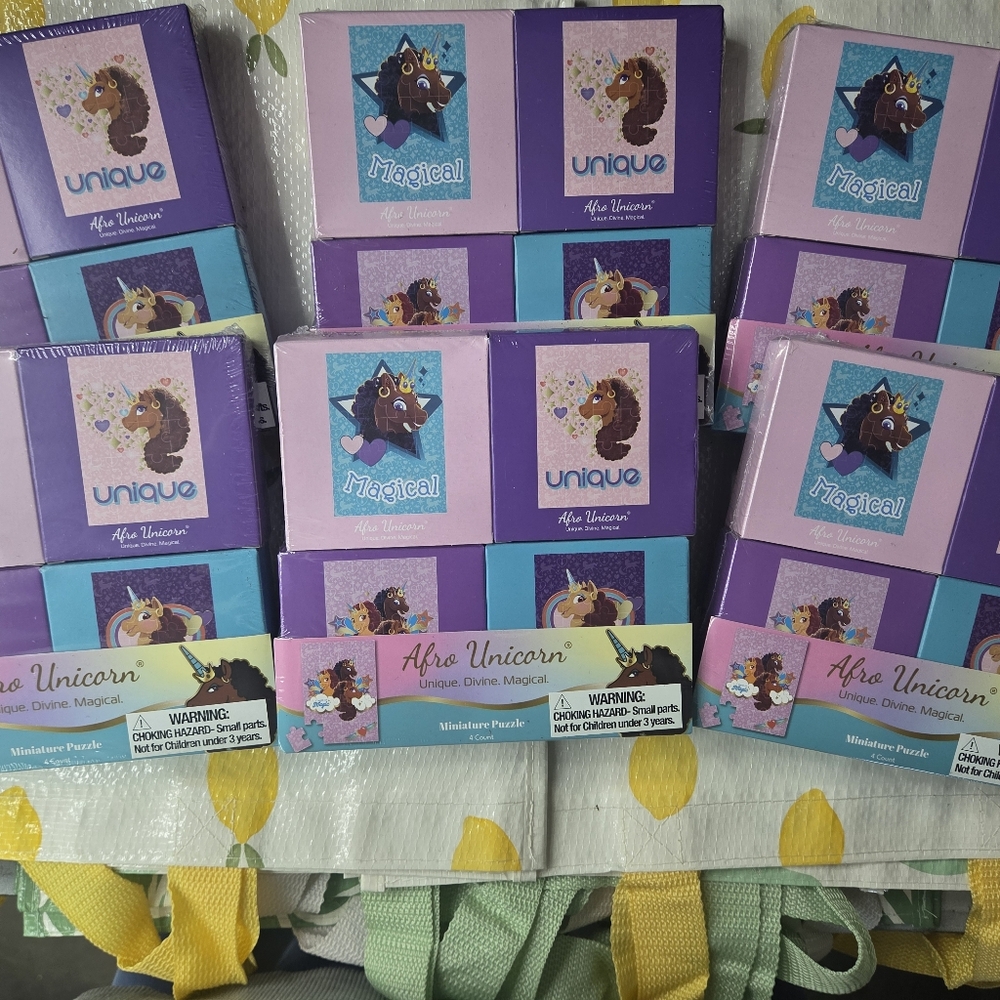 6 nwt Afro Unicorn Miniature Puzzle Boxes - Purple & Teal